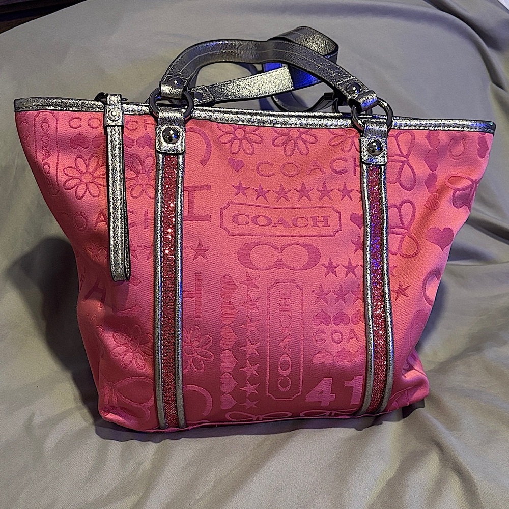 Coach Bandana Glitter Graffiti Pink Medium Tote Shoulder Bag